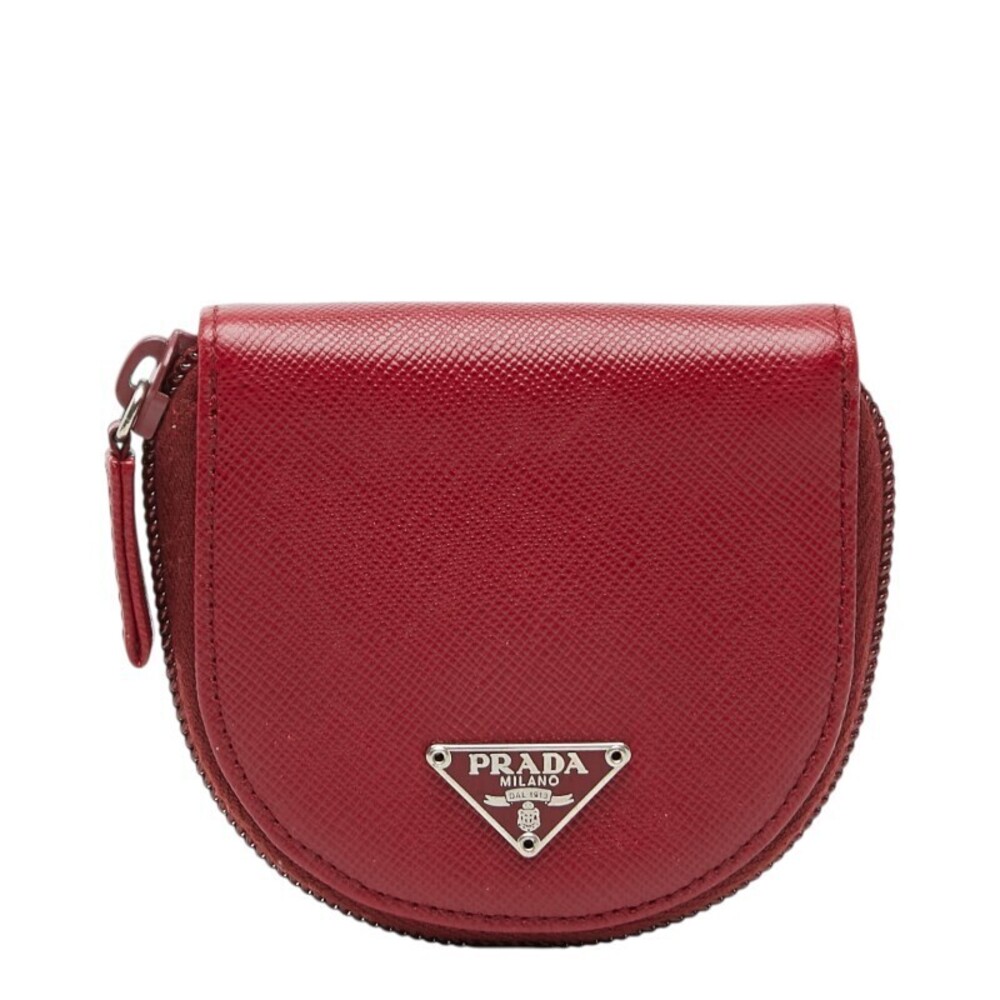 Prada Triangle Plate coin case Wallet Red Saffiano Leather